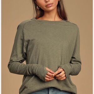 We The Free Arden Oversized Army Green Long Sleeve Tee, Size Medium, NWOT